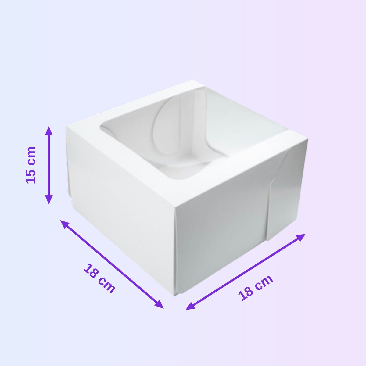 Windowed white cake box 18 x 18 x 15 cm with size guide