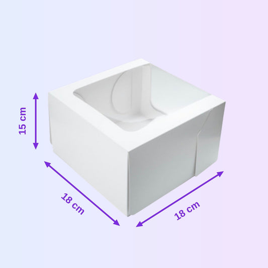 Windowed white cake box 18 x 18 x 15 cm with size guide
