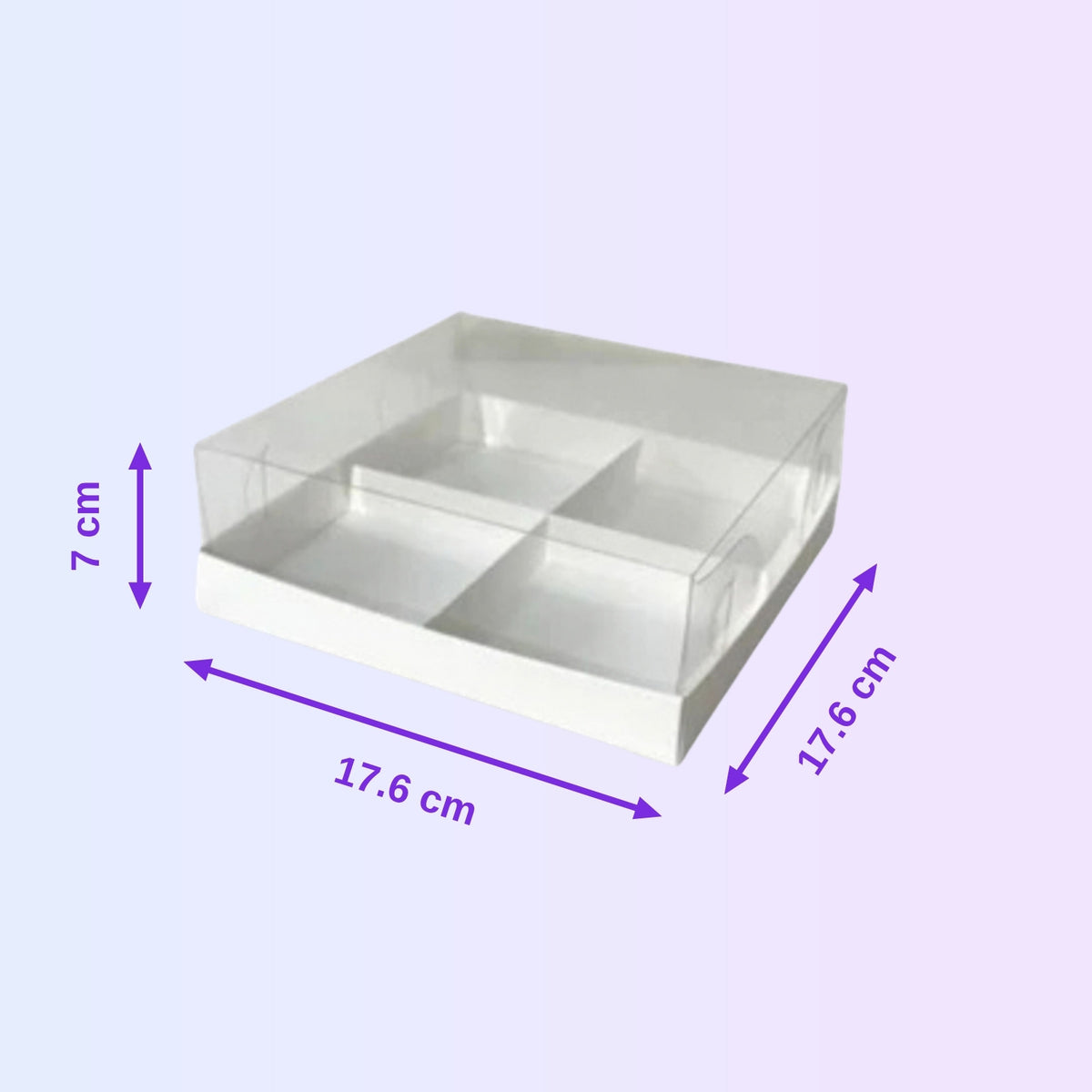 Transparent box for 4 mini cakes 17.6 x 17.6 x 7 cm with size guide