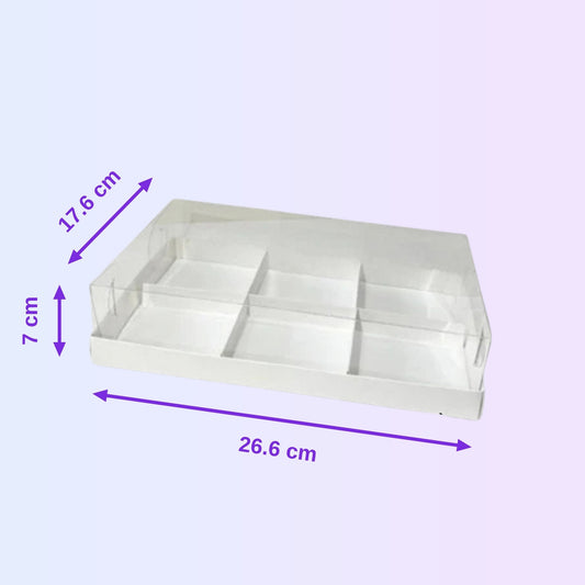Transparent box for 6 mini cakes 26.6 x 17.6 x 7 cm with size guide