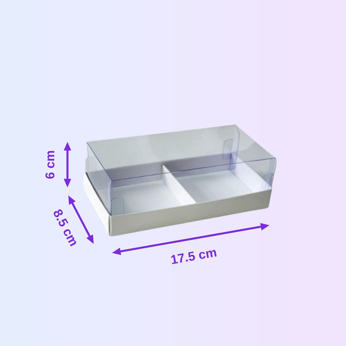 Transparent box for 2 mini cakes 17.5 x 8.5 x 6 cm with size guide