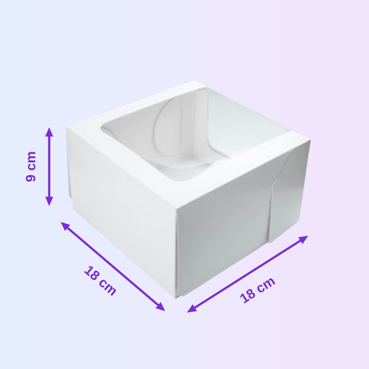 Windowed white cake box 18 x 18 x 9 cm with size guide