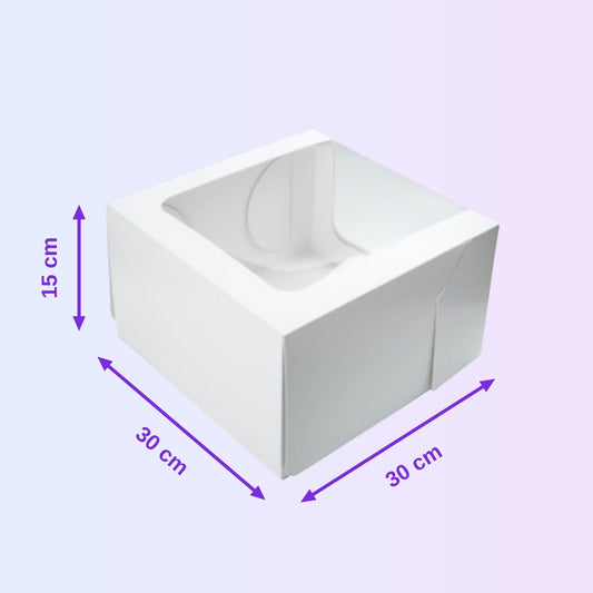 Windowed white cake box 30 x 30 x 15 cm with size guide