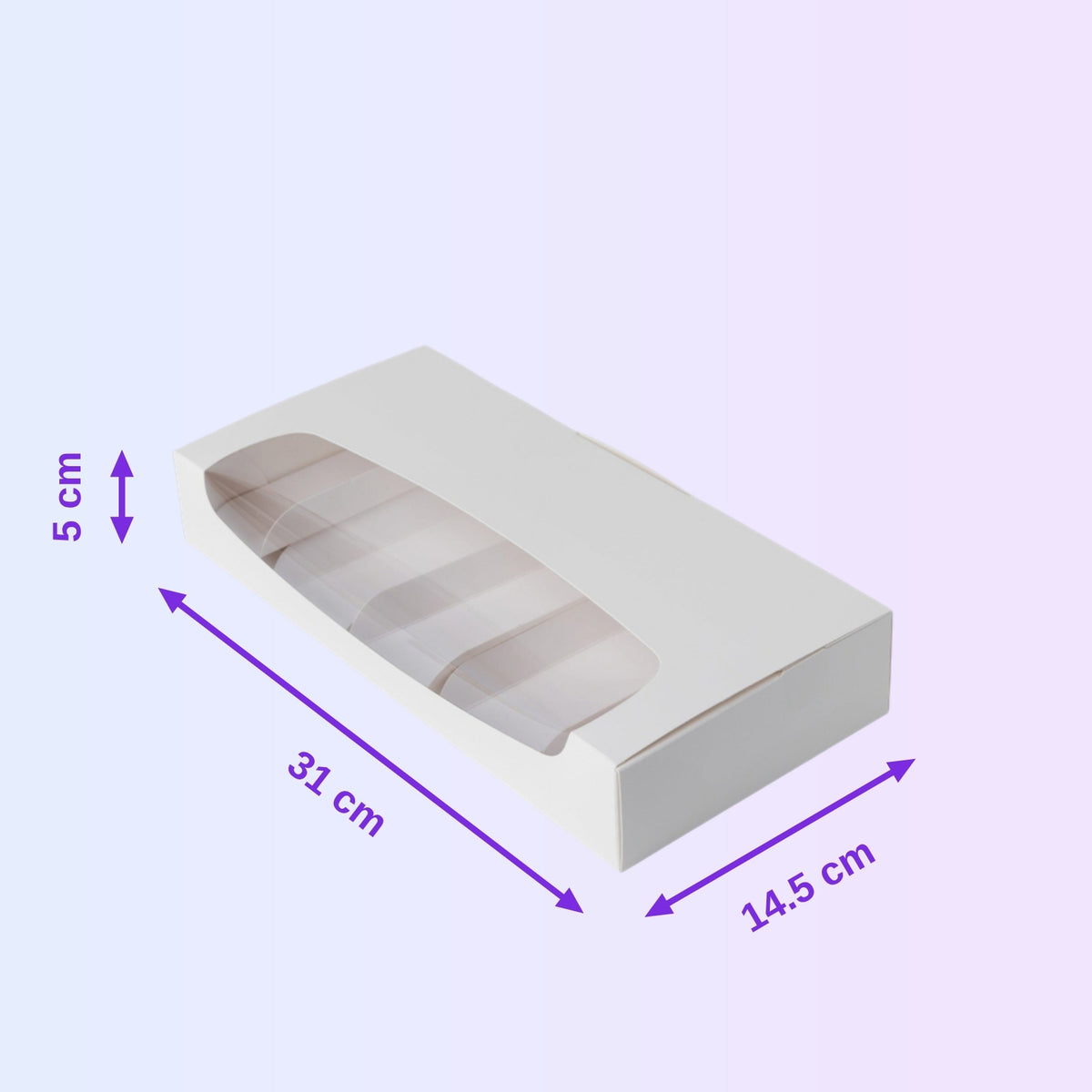 Windowed eclair and cakesicle box 31 x 14.5 x 5 cm with size guide