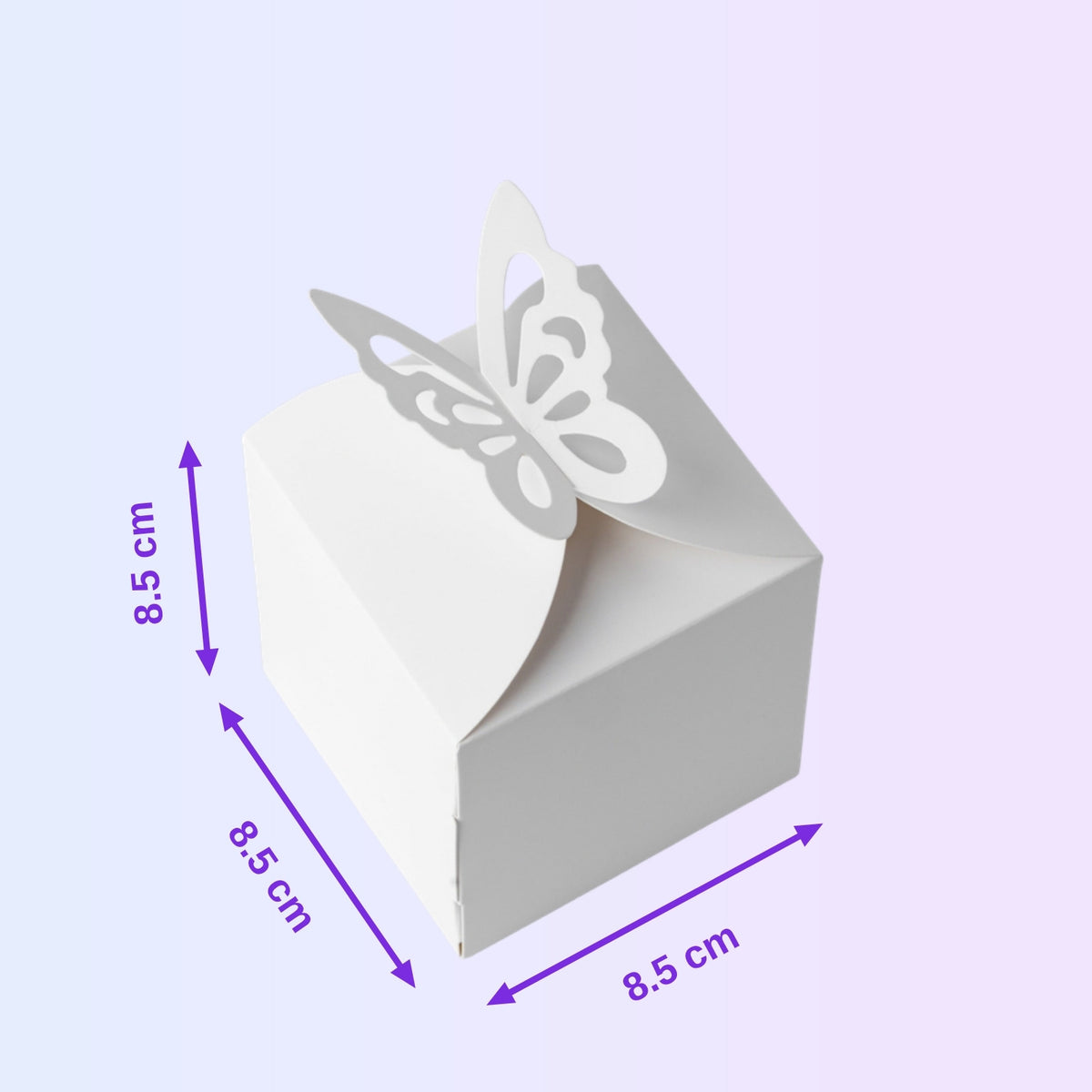 White single cake box with butterfly closure 8.5 x 8.5 x 8.5 cm with size guide