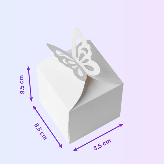 White single cake box with butterfly closure 8.5 x 8.5 x 8.5 cm with size guide