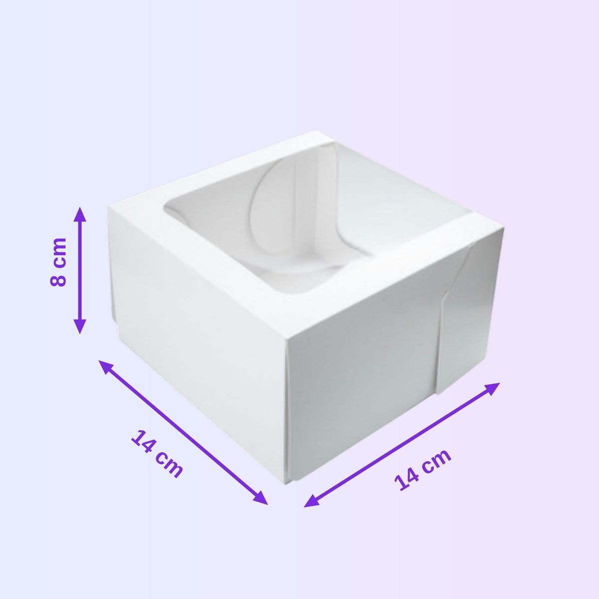 Windowed white cake box 14 x 14 x 8 cm with size guide